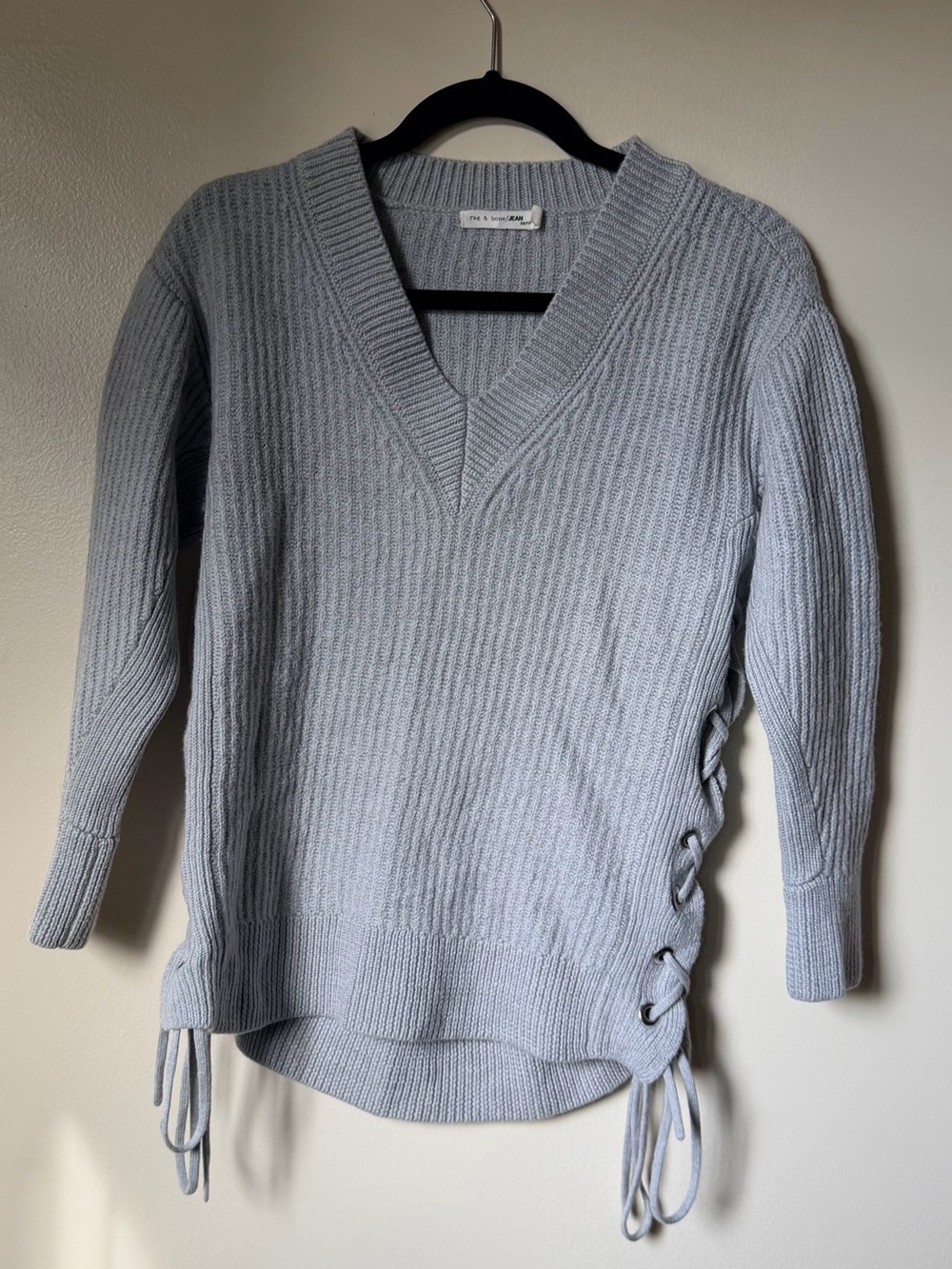 rag & bone Light Gray Ribbed V-Neck Sweater with Side Lace-Up